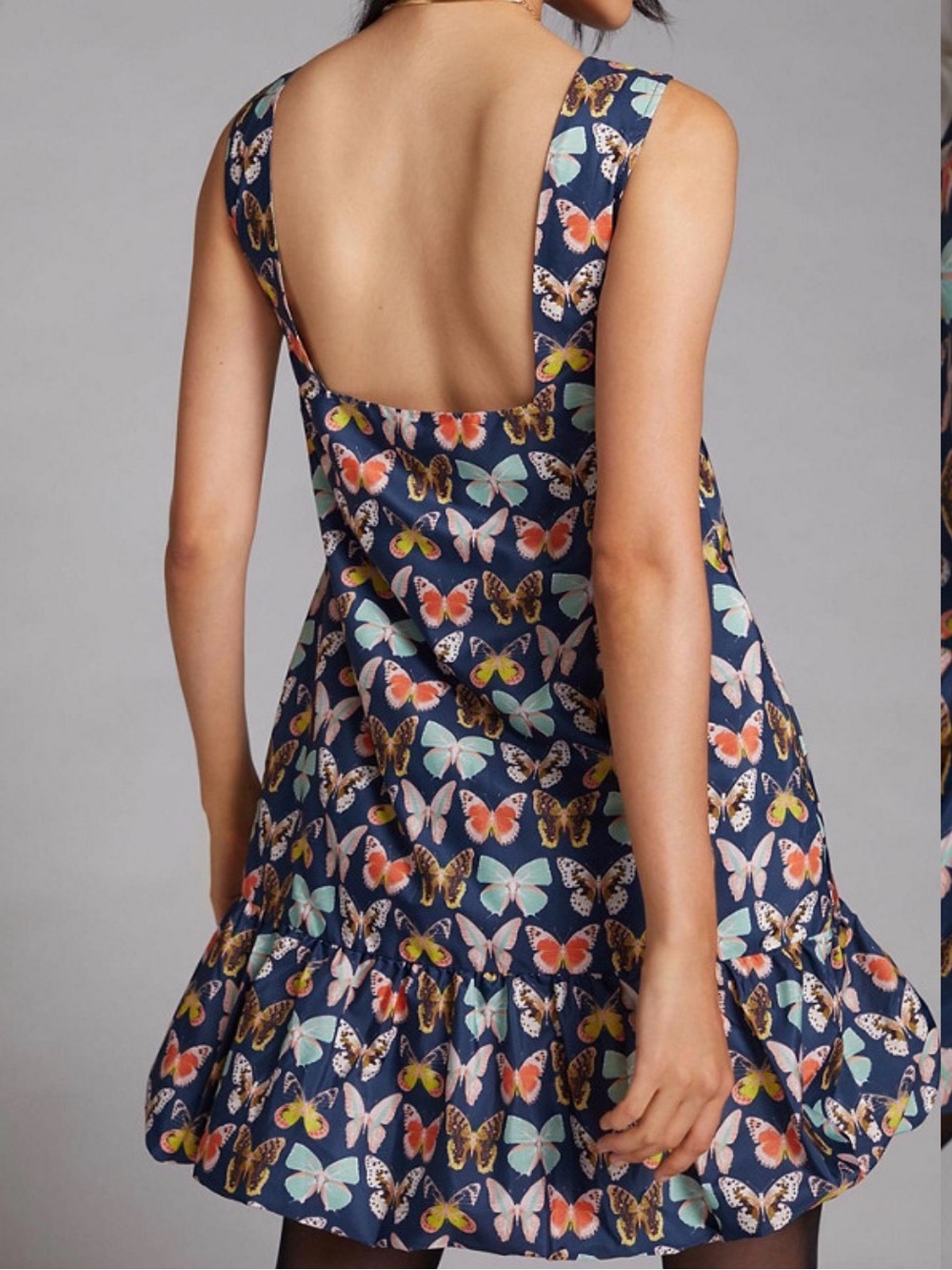Maeve Butterfly Mod Mini Dress Navy Print Ruffle-Hem Dress pockets 6p petite - Picture 3 of 11
